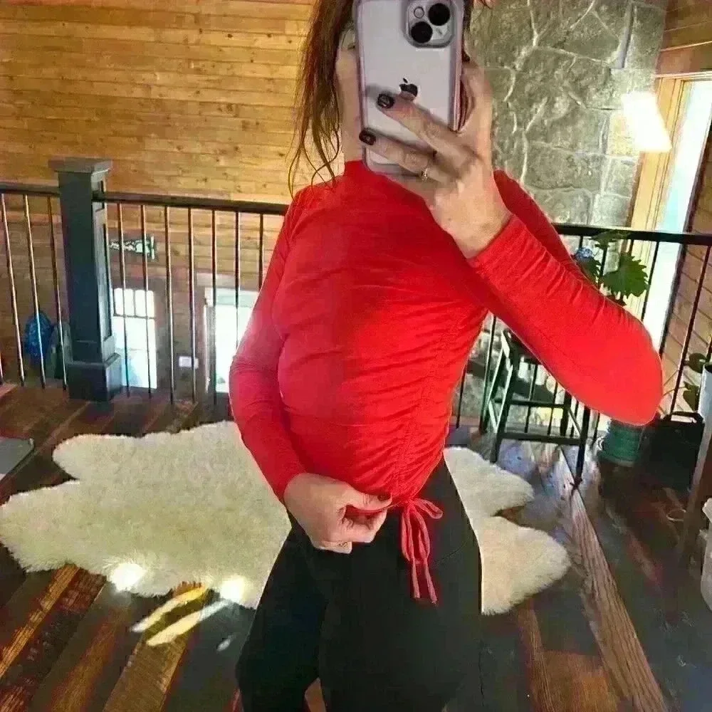 ADIKA Super Tight Red Ruched Toggle Side Long Sleeve Top Women XS